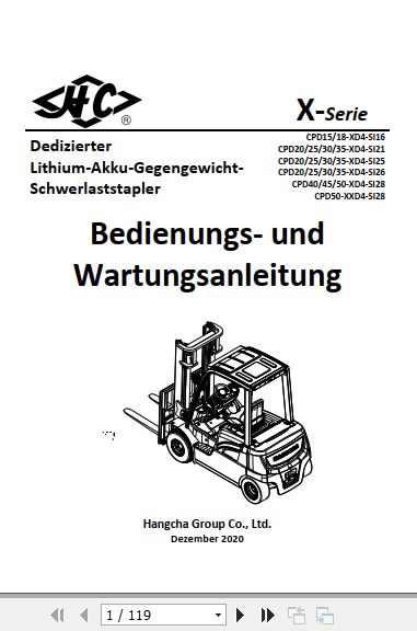 Hangcha Forklift CPD15 XD4 SI16 to CPD50 XXD4 SI28 Operation Maintenance Manual 2020 DE 1