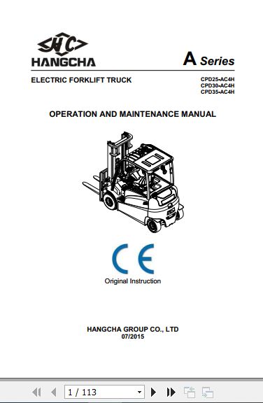 Hangcha Forklift CPD25 AC4H to CPD35 AC4H Operation Maintenance Manual 2015 1