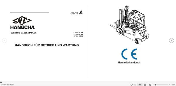 Hangcha Forklift CPD25 AC4H to CPD35 AC4H Operation Maintenance Manual 2015 DE 1