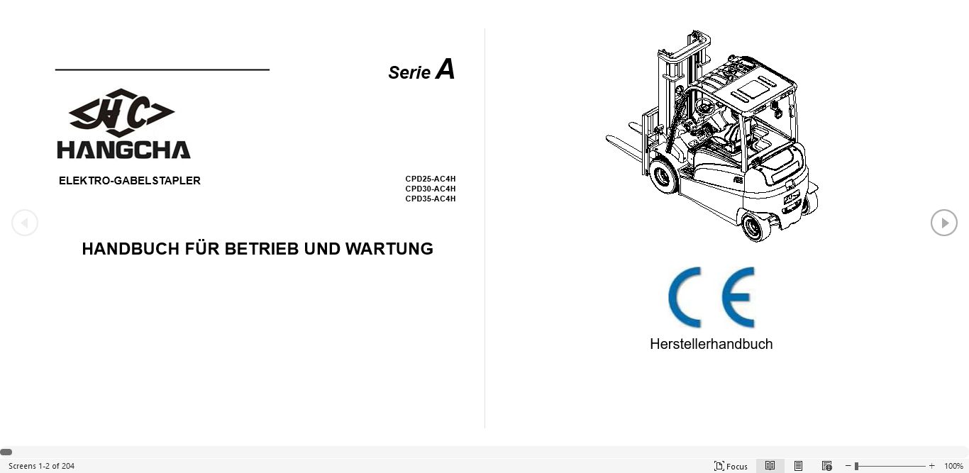 Hangcha Forklift CPD25 AC4H to CPD35 AC4H Operation Maintenance Manual 2015 DE 1