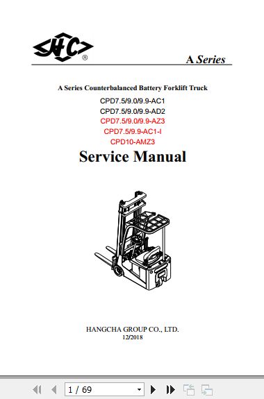 Hangcha Forklift CPD7.5 AC1 to CPD10 AMZ3 Service Manual 2018 ZH 1