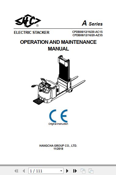 Hangcha Forklift CPDB08 AC1S to CPDB20 AZ3S Operation Maintenance Manual 2018 1