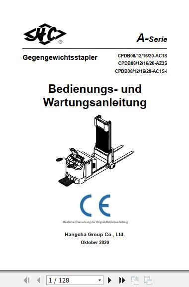 Hangcha Forklift CPDB08 AC1S to CPDB20A C1S l Operation Maintenance Manual 2020 DE 1