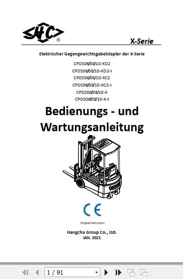 Hangcha Forklift CPDS06 XD2 to CPDS10 X I Operation Maintenance Manual 2021 DE 1
