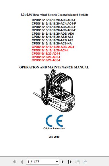 Hangcha Forklift CPDS13 AC3 to CPDS20 AC6 I Operation Maintenance Manual EU 2019 1