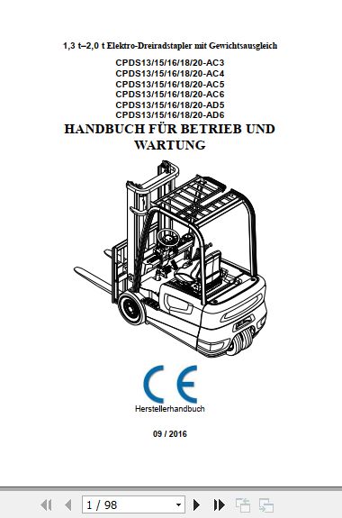 Hangcha Forklift CPDS13 AC3 to CPDS20 AD6 Operation Maintenance Manual 2016 DE 1