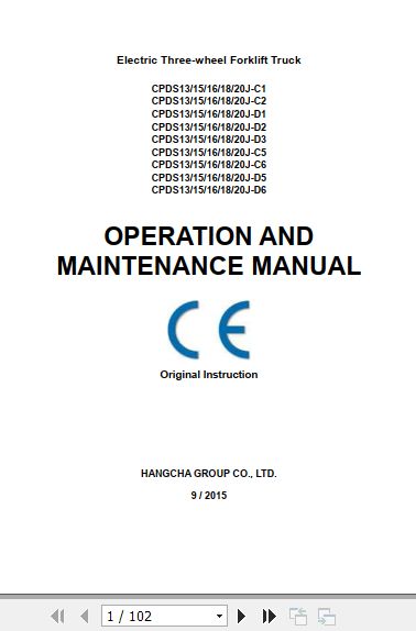 Hangcha Forklift CPDS13J C1 to CPDS20J D6 Operation Maintenance Manual 2015 1