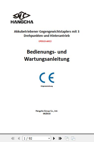 Hangcha Forklift CPDS15 AHC2 Operation Maintenance Manual 2018 DE 1