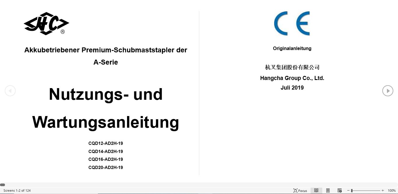 Hangcha Forklift CQD12 AD2H 19 to CQD20 AD2H 19 Operation Maintenance Manual 2019 DE 1