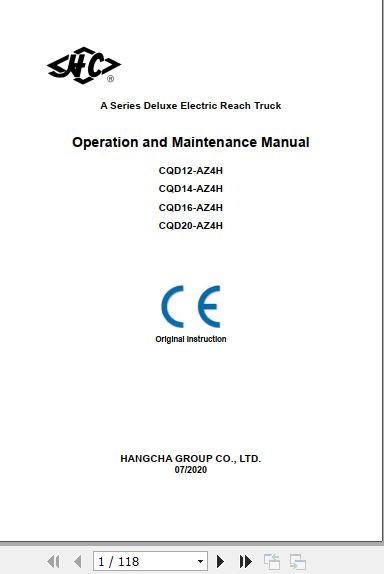 Hangcha Forklift CQD12 AZ4H to CQD20 AZ4H Operation Maintenance Manual 2020 1