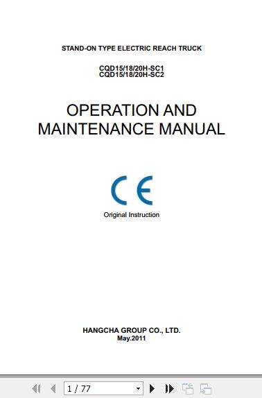 Hangcha Forklift CQD15H SC1 to CQD20H SC2 Operation Maintenance Manual 2011 1