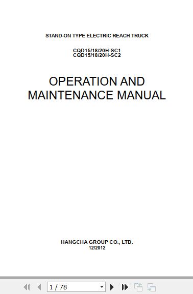 Hangcha Forklift CQD15H SC1 to CQD20H SC2 Operation Maintenance Manual 2012 1