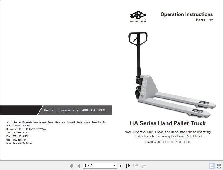 Hangcha Pallet Truck HA Series Operation Instructions Parts List 1