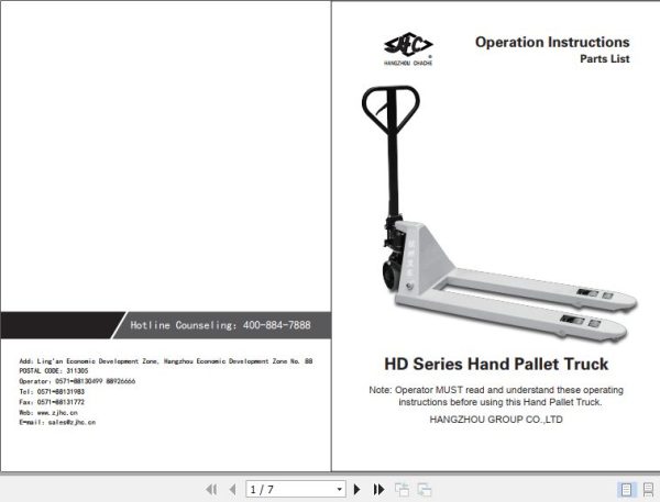 Hangcha Pallet Truck HD Series Operation Instructions Parts List 1