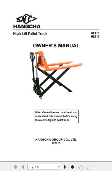 Hangcha Pallet Truck HLT10 HLT15 Owners Manual 2015 1