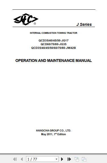 Hangcha Towing Tractor QCD35 JG17 to QCD80 JW42B Operation Maintenance Manual 2011 1