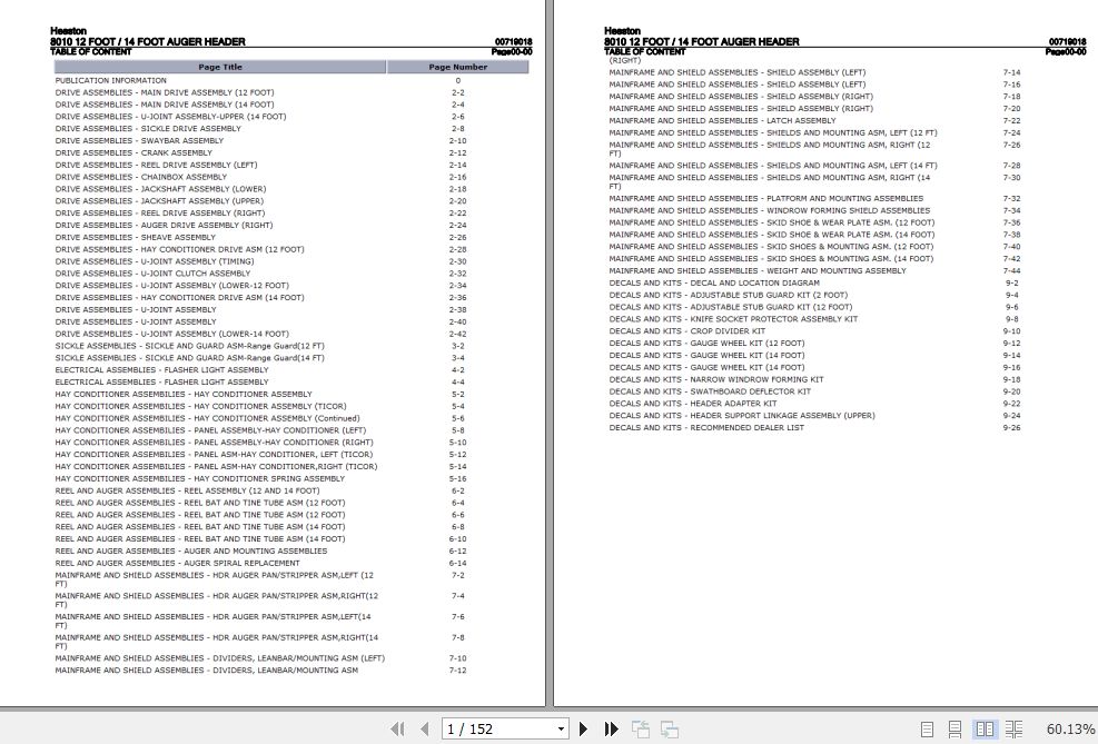 Hesston Auger Header 8010 12 Foot 14 Foot Parts Catalog 00719018 1