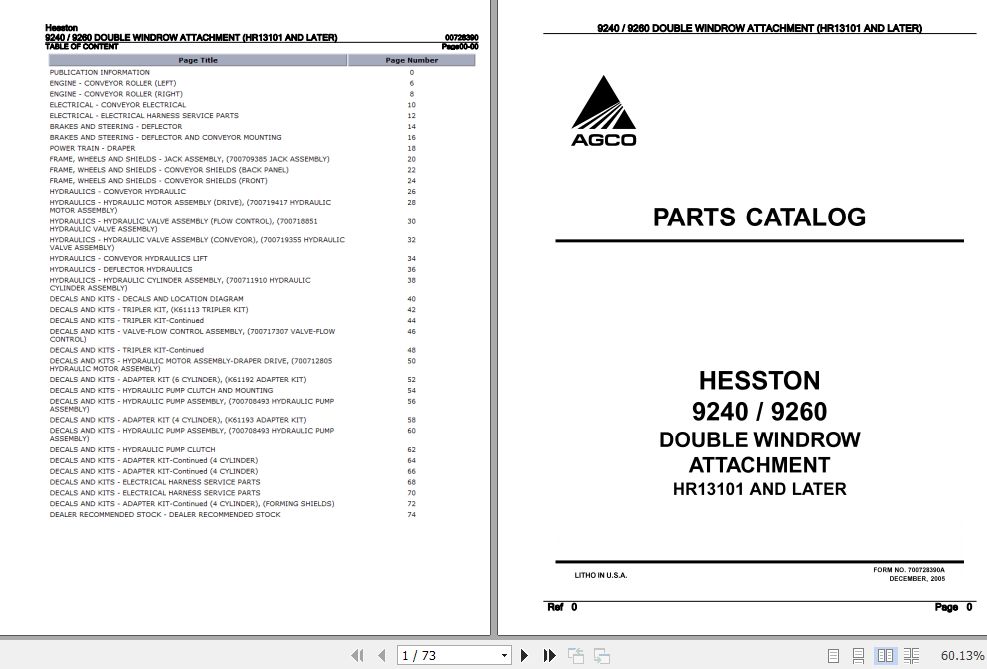 Hesston Double Windrow Attachment 9240 9260 Parts Catalog 00728390 1