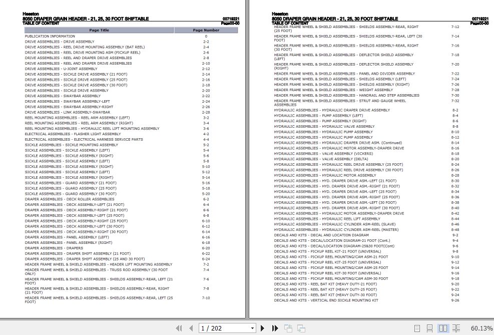 Hesston Draper Grain Header 21 25 30 Foot Shiftable 8050 Parts Catalog 00719221 1