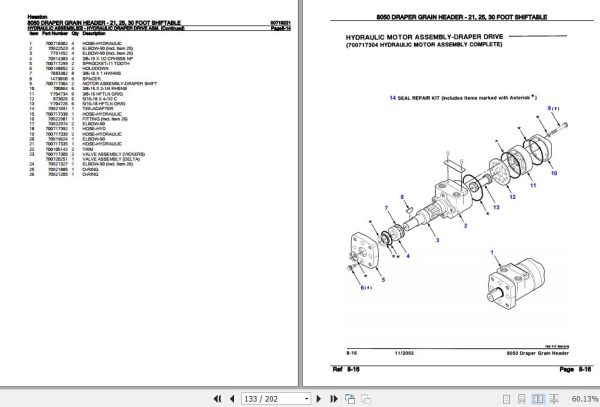 Hesston Draper Grain Header 21 25 30 Foot Shiftable 8050 Parts Catalog 00719221 2