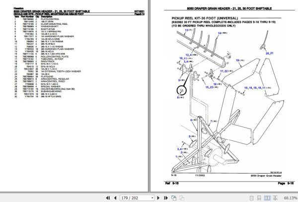 Hesston Draper Grain Header 21 25 30 Foot Shiftable 8050 Parts Catalog 00719221 3