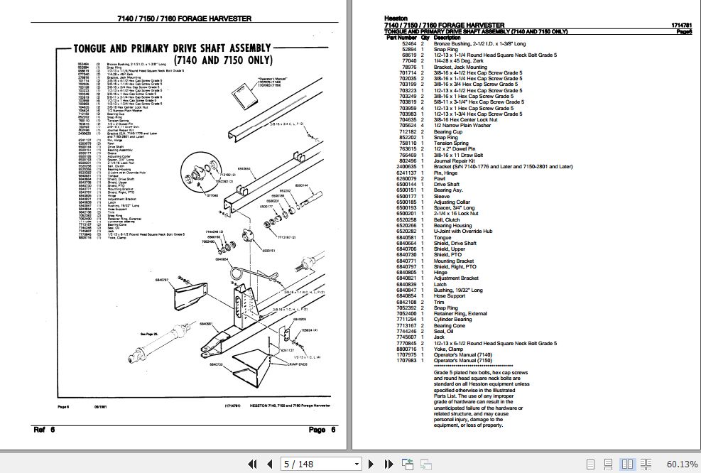 Hesston Forage Harvester 7140 7150 7160 Parts Catalog 1714781