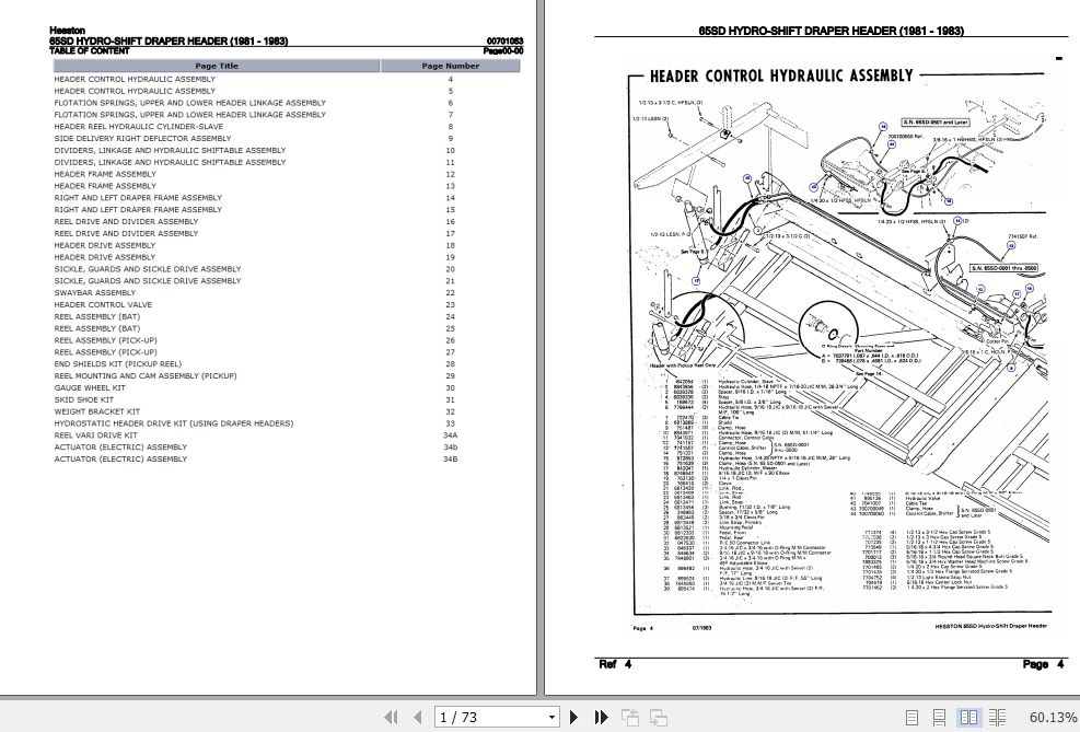 Hesston Hydro Shift Draper Header 65SD Parts Catalog 00701053 1
