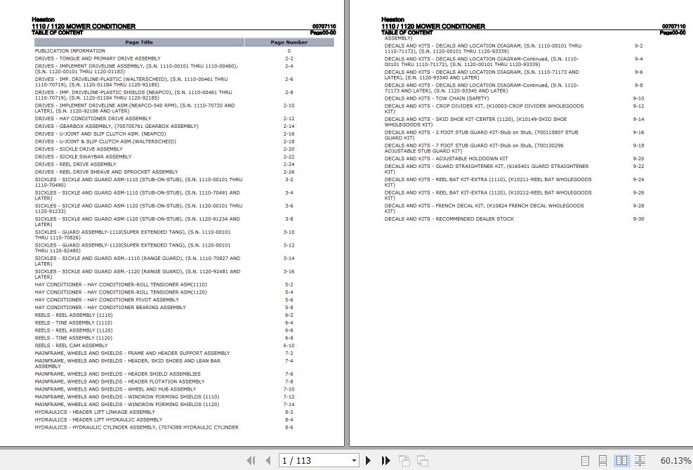 Hesston Mower Conditioner 1110 1120 Parts Catalog 00707110 1