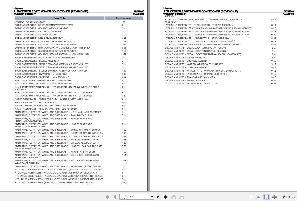 Hesston Mower Conditioner 1170 Center Pivot Parts Catalog 00707860 1
