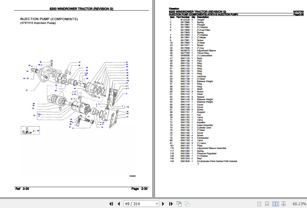 Hesston Windrower Tractor 8200 Parts Catalog 00707702