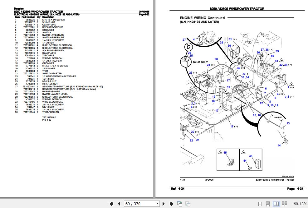 Hesston Windrower Tractor 8250 8250S Parts Catalog 00719065