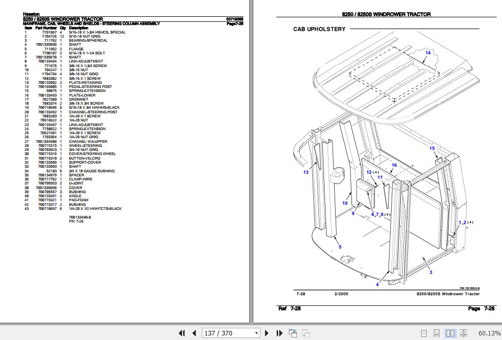 Hesston Windrower Tractor 8250 8250S Parts Catalog 00719065