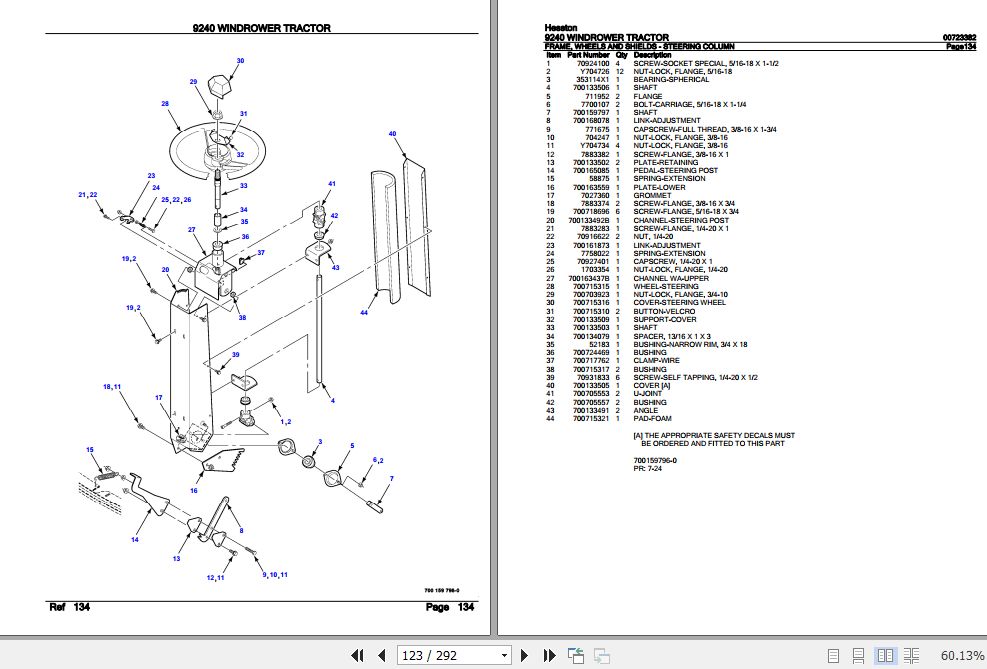 Hesston Windrower Tractor 9240 Parts Catalog 00723382