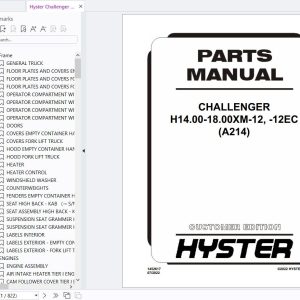 Hyster Challenger H14.00 18.00XM 12 H14.00 18.00XM 12EC A214 Parts Manual 1452617 2022 1