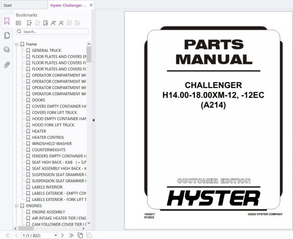 Hyster Challenger H14.00 18.00XM 12 H14.00 18.00XM 12EC A214 Parts Manual 1452617 2022 1