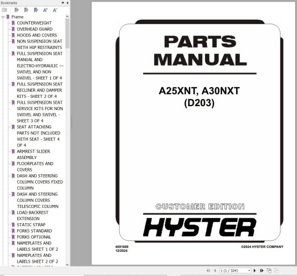 Hyster Forklift A25XNT A30NXT D203 Parts Catalog 4091698 1