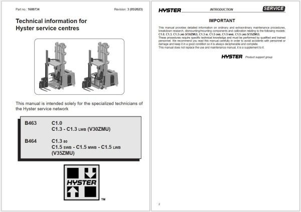 Hyster Forklift B463 B464 C1 C1.5 Service Manual 1600734 2023 1