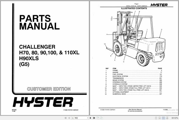 Hyster Forklift Challenger H70XL H80XL H90XL H100XL H110XL H90XLS G5 Parts Manual 897526 1999 1