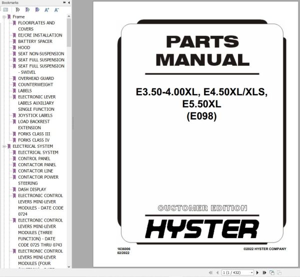Hyster Forklift E3.50 4.00XL E4.50XL E4.50XLS E5.50XL E098 Parts Catalog 1636006 1