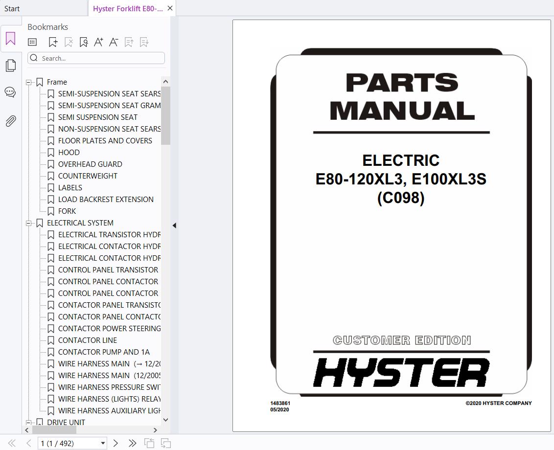Hyster Forklift E80 120XL3 E100XL3S C098 Parts Manual 1483861 2020 1