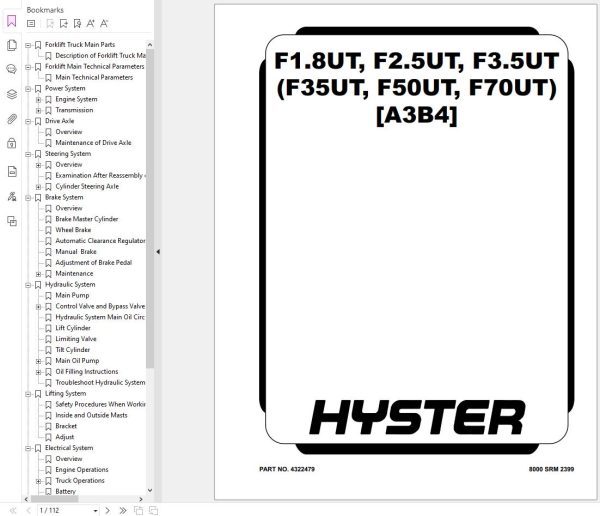 Hyster Forklift F1.8UT F2.5UT F3.5UT A3B4 Service Manual 4322479 2023 1