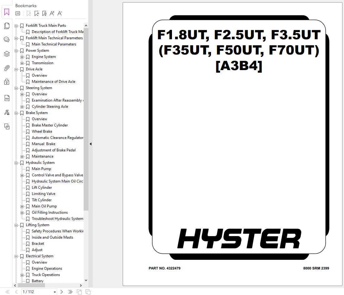 Hyster Forklift F1.8UT F2.5UT F3.5UT A3B4 Service Manual 4322479 2023 1