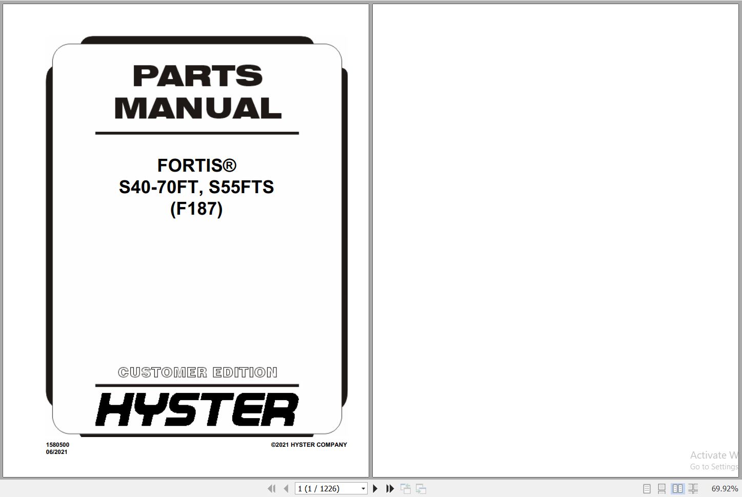 Hyster Forklift FORTIS S40 70FT S55FTS F187 Parts Manual 1580500 2021 1