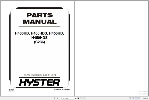 Hyster Forklift H400HD H400HDS H450HD H450HDS C236 Parts Manual 4119341 2020 1