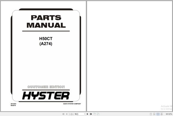 Hyster Forklift H50CT A274 Parts Manual 4014303 2019 1
