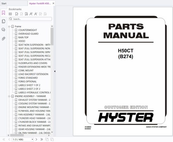 Hyster Forklift H50CT B274 Parts Manual 4120805 2025 1