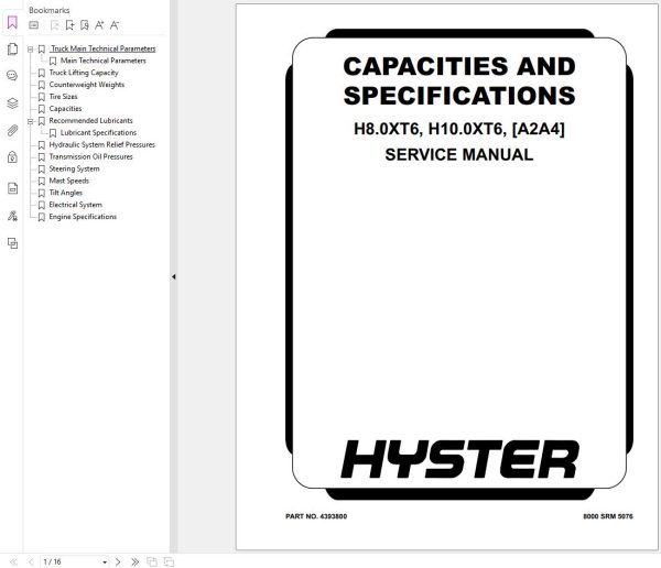 Hyster Forklift H8.0 10.0XT6 A2A4 Service Manual 2024 1