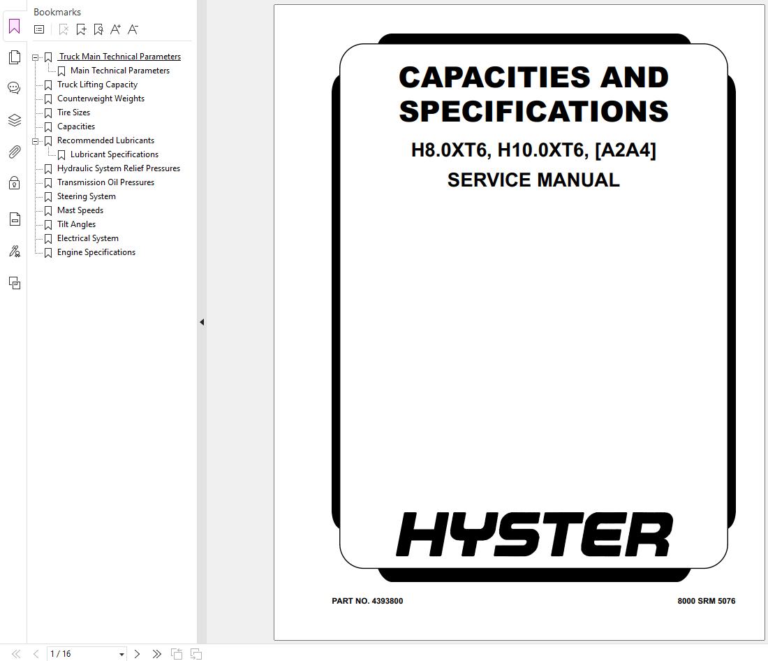 Hyster Forklift H8.0 10.0XT6 A2A4 Service Manual 2024 1