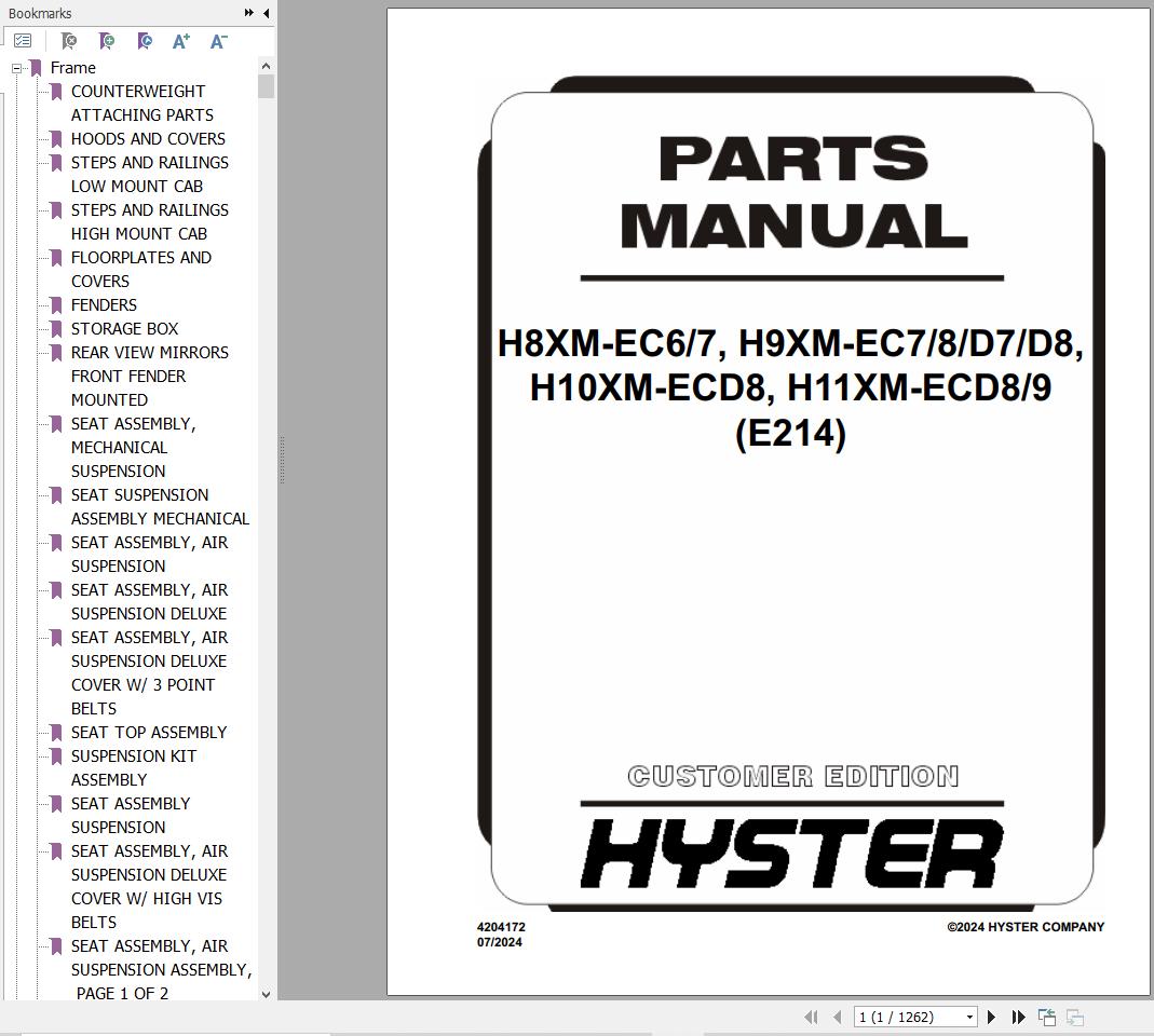 Hyster Forklift H8XM EC6 to H11XM ECD9 E214 Parts Catalog 4204172 1