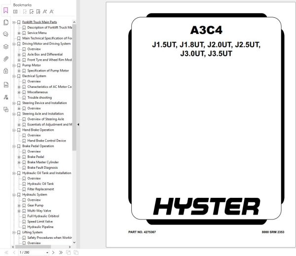 Hyster Forklift J1.5UT to J3.5UT A3C4 Service Manual 4275367 2024 1